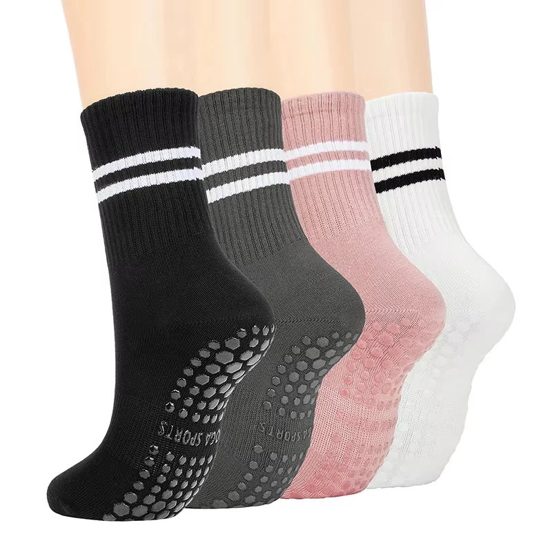 4Pairs Women Anti-Skid Yoga Socks Grips Cotton Mid-Tube Bottom Breathable Fitness Dance Barre Workout Pilates Socks 8 Colors