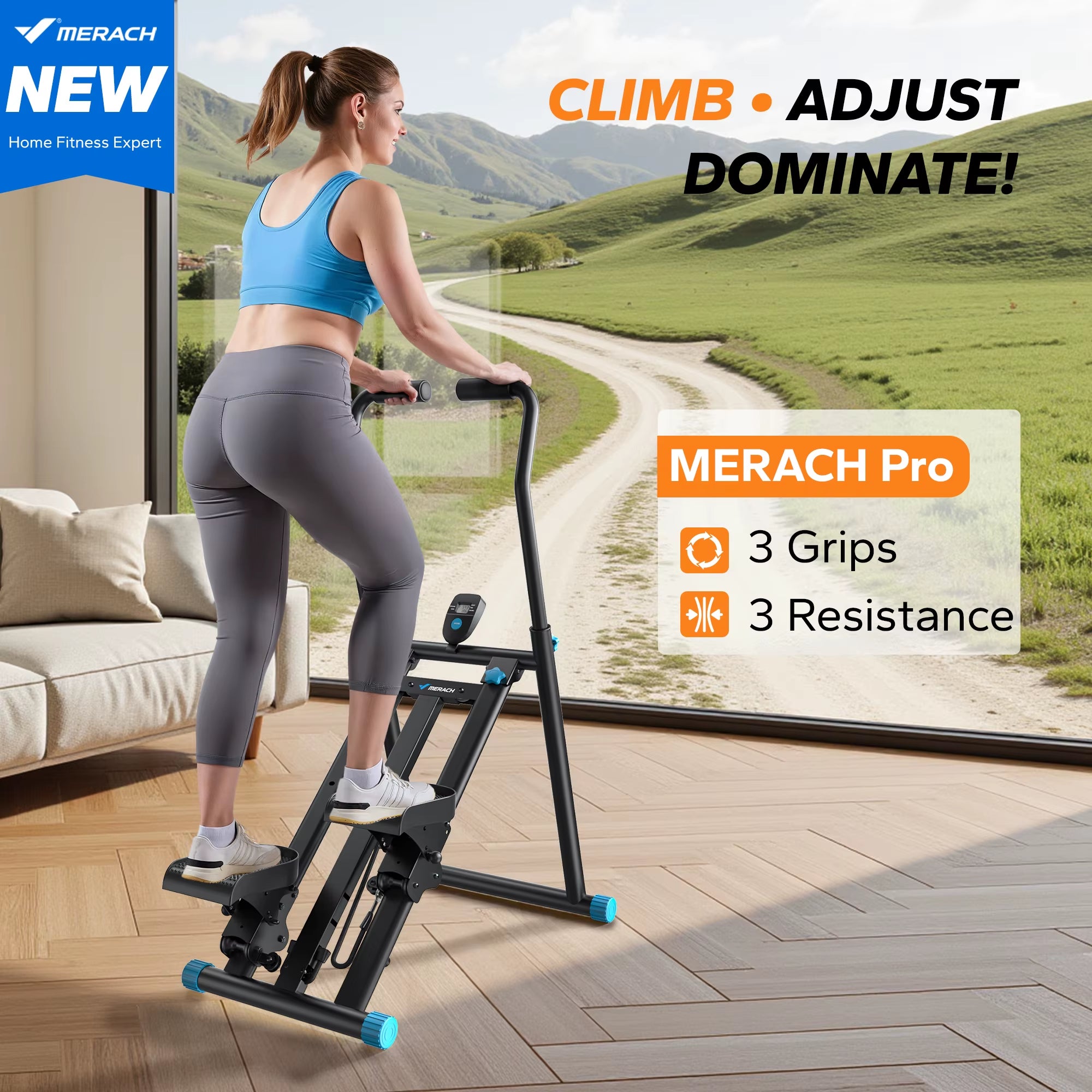 Stair Stepper New Version Vertical Compact Folding Exercise Climber with Extended Step Range Adjustable Handlebar&Pedals