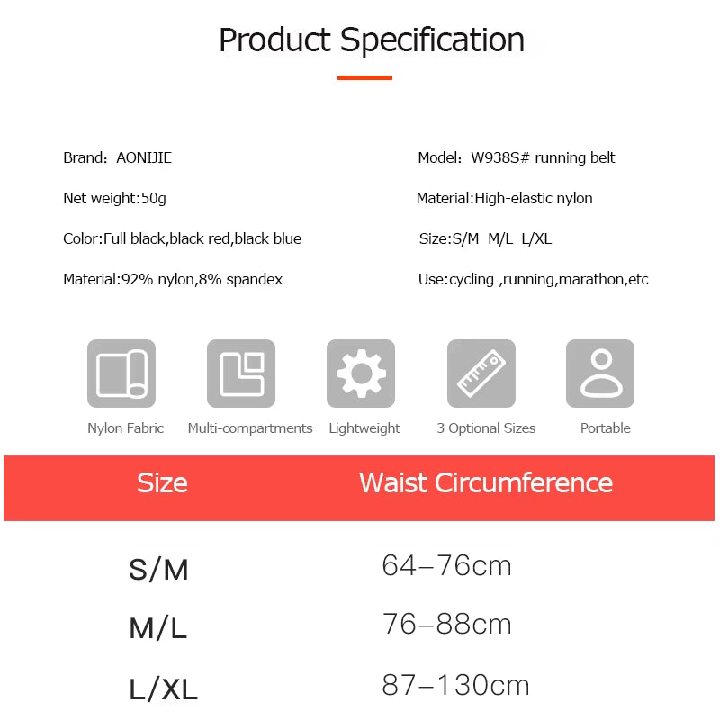 AONIJIE Running Waist Bag Men Women Invisible Trail Running Belt Hydration Waist Pack Phone Holder Gym Fitness Marathon W938S