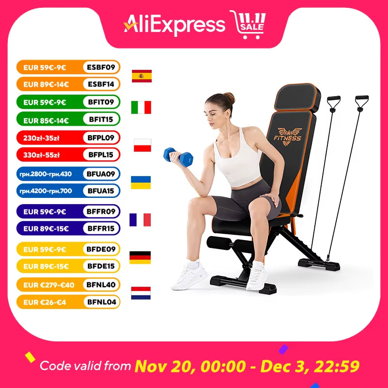 Adjustable Workout Weight Bench Full Body Exercise with Resistance Bands Weight Lifting Sit-Ups Home Gym Workouts Weight Bench