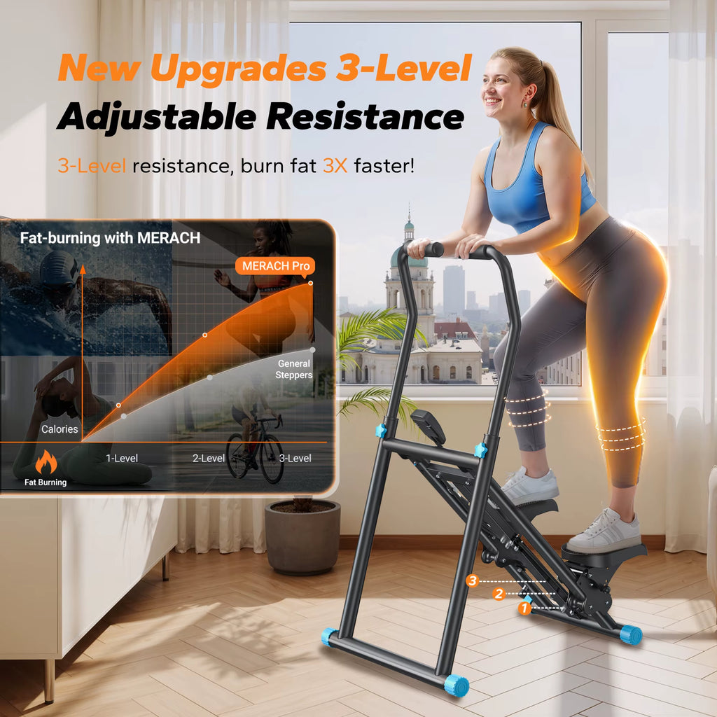 Stair Stepper New Version Vertical Compact Folding Exercise Climber with Extended Step Range Adjustable Handlebar&Pedals