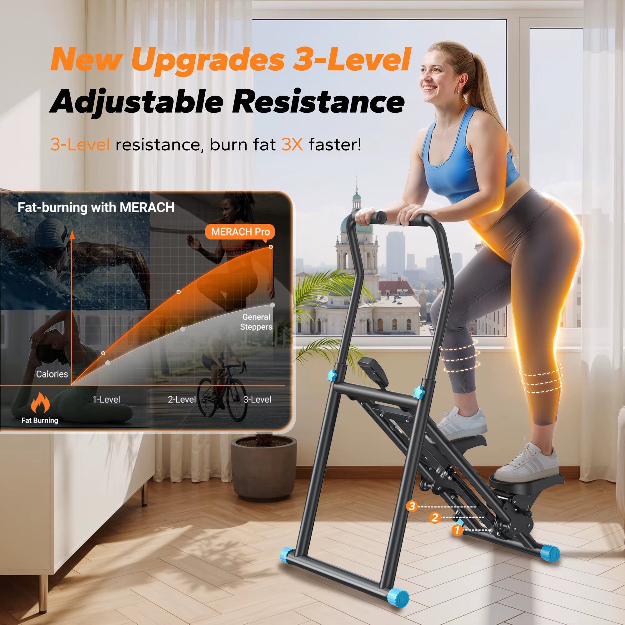 Stair Stepper New Version Vertical Compact Folding Exercise Climber with Extended Step Range Adjustable Handlebar&Pedals