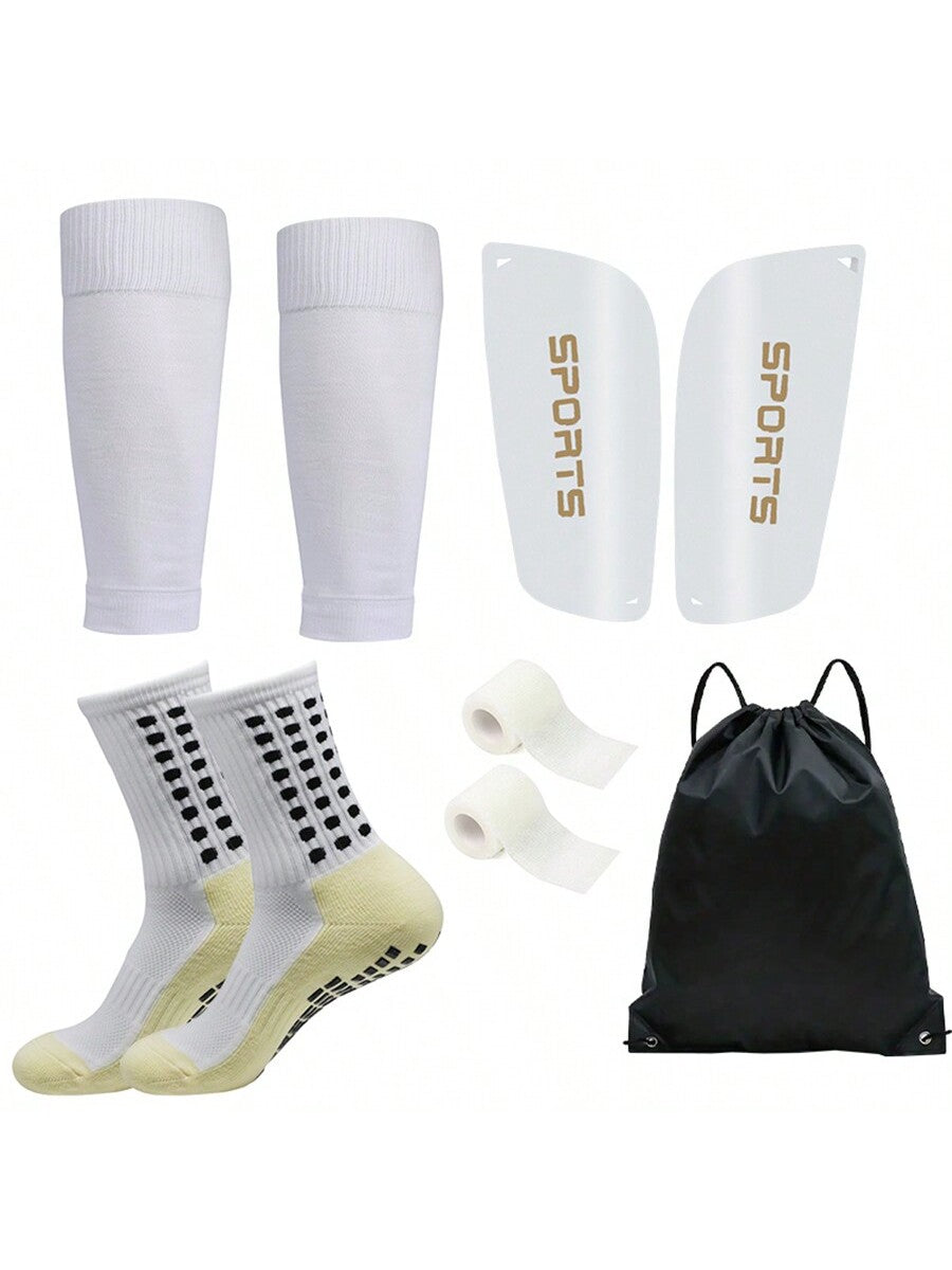 5Pcs/Set Soccer Accessories Set: Waterproof Drawstring Bag, Soccer Leg Warmers, Shin Guards with Board, Mid-Calf Grip Socks Football Socks, Leg Compression Wrap for Sports Training, for Gym, Fall